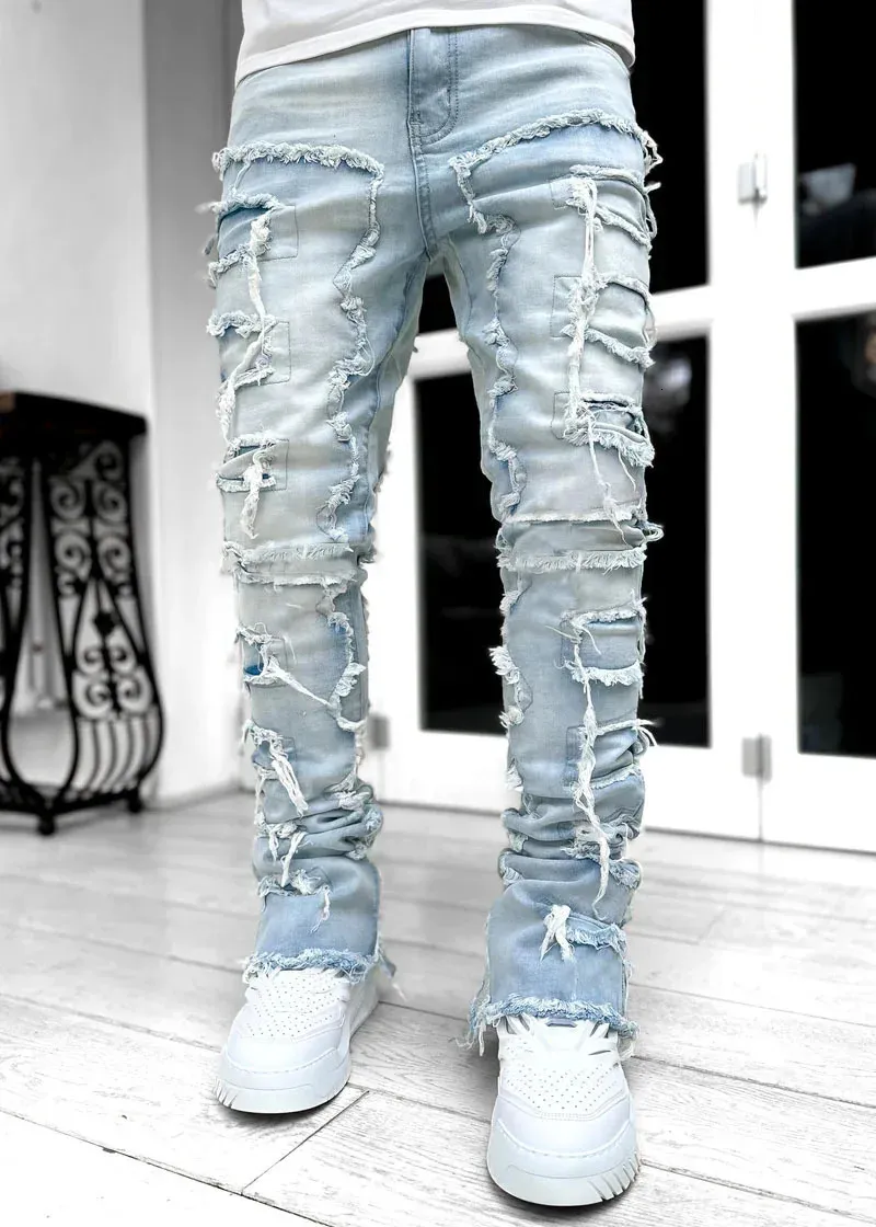 Patchwork Jeans White Mens Patched Ripped Jeans Mens Regular Fit