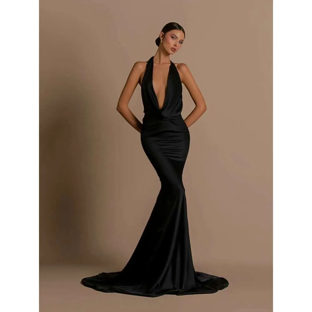 black mermaid halter neck satin formal dress Evening Dress, Empire Waist, cf_s_15--s-m