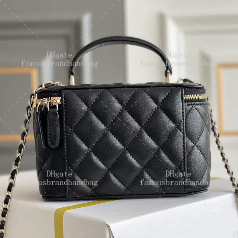 Designer Lambskin Leather Black Vanity Bag With Chain Luxury Designer Lambskin Leather Black Vanity Bag With Chain Luxury