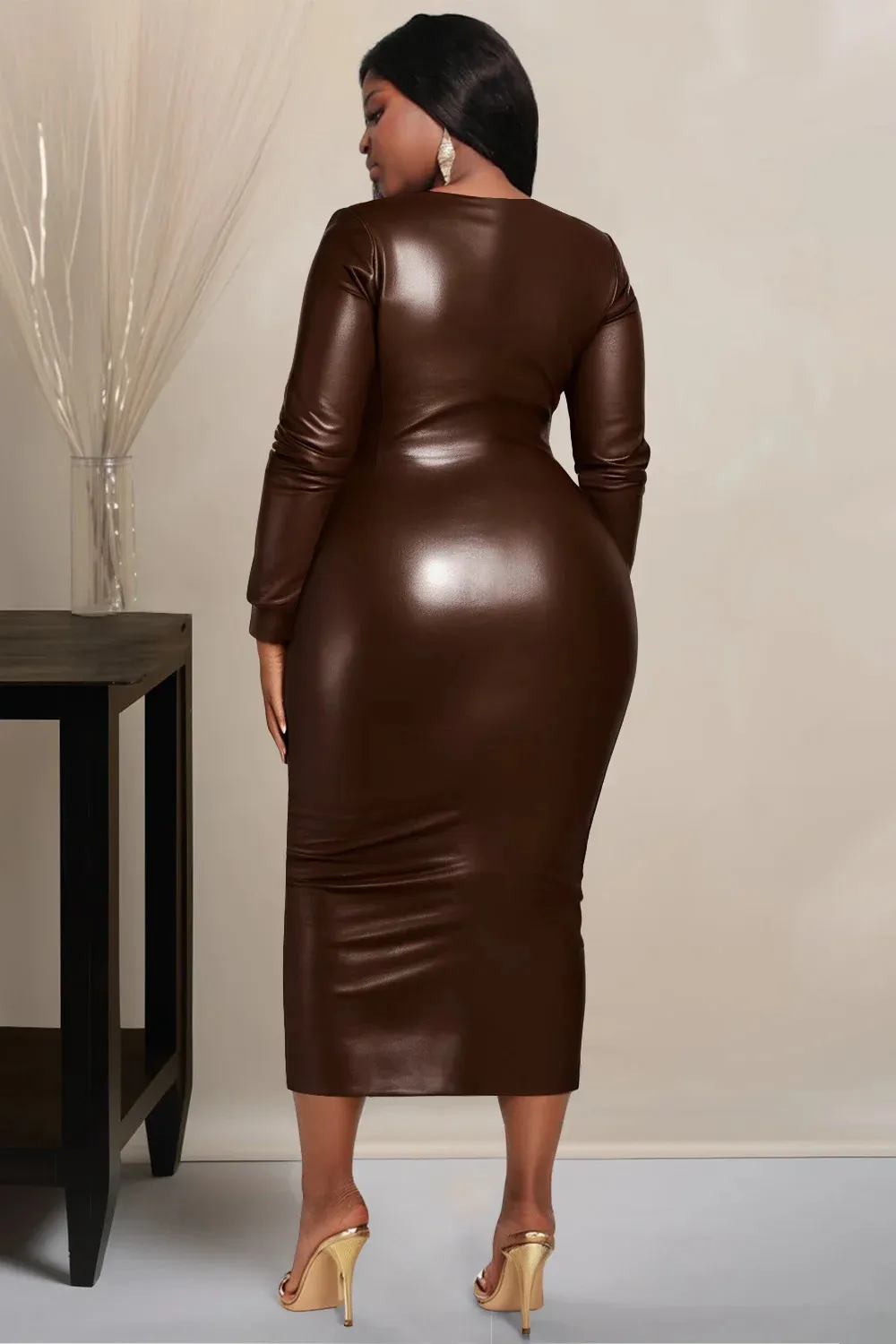 Brown PU Leather Midi slit dress for women with V-Neck and Long Sleeves for Plus Size Business Casual Wear - Style 250521
