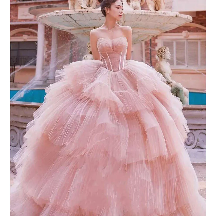 Ball Gown Prom Dresses Pink Tulle Strapless Ruffled Evening Gown