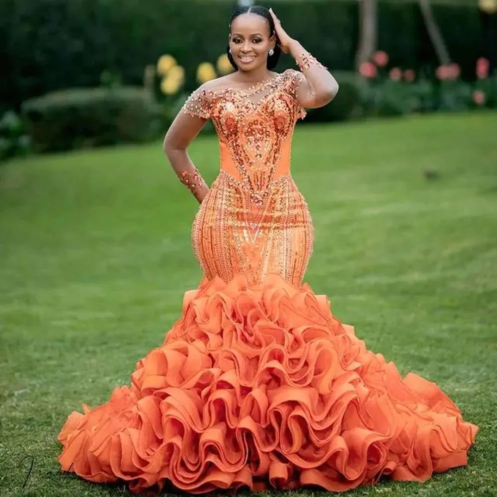Save Big on Bulk Mermaid Prom Gowns Layered Tier Ruffles Orange Mermaid  Prom Dresses Black Girl Glitter Beaded Lace Evening Gowns Sheer Long Sleeve 