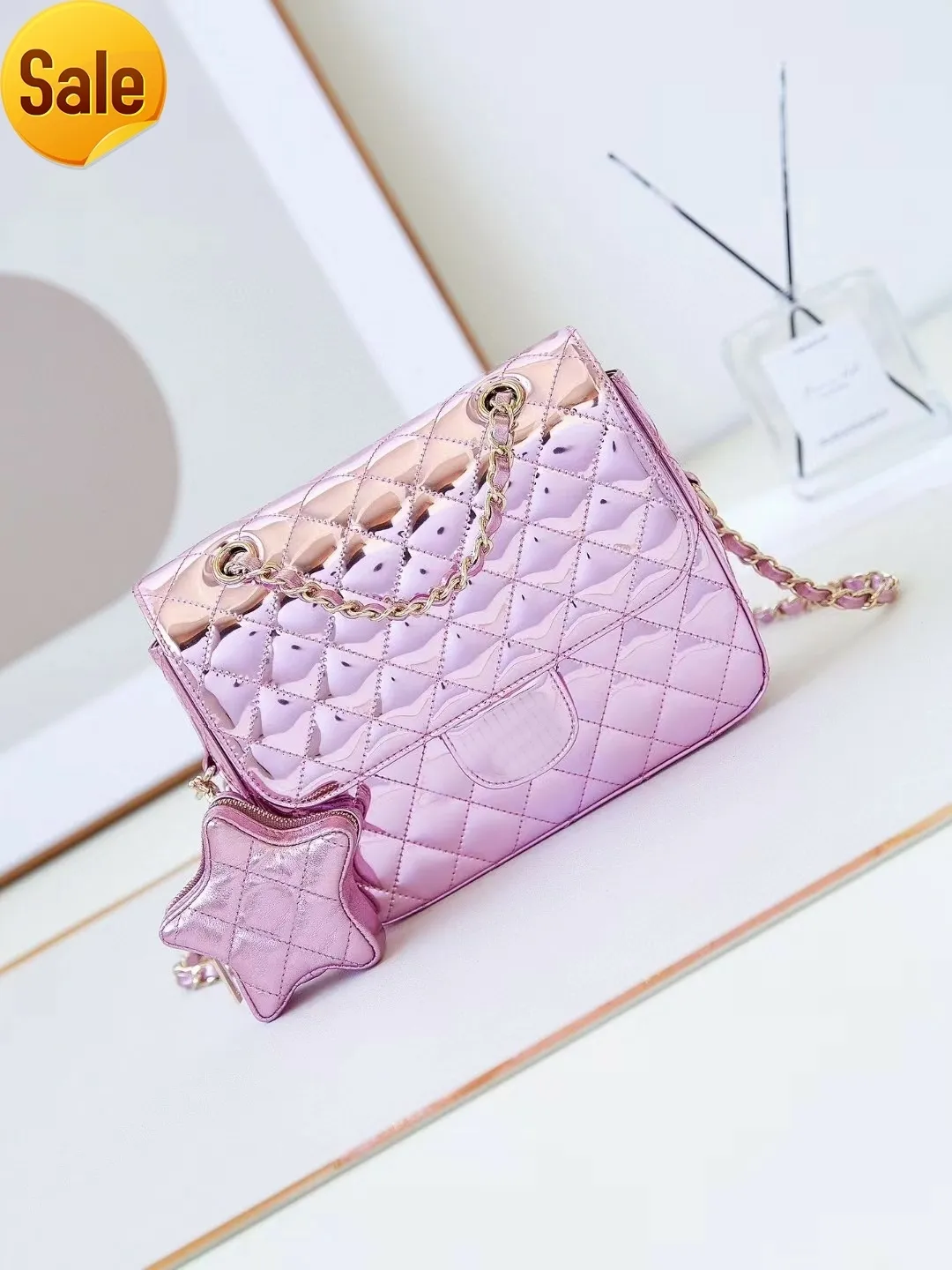 【SHALOM】WICHU STAR BAG PINK Designer Diag Flap Bag With Star Coin Purse, Mirror Calfskin