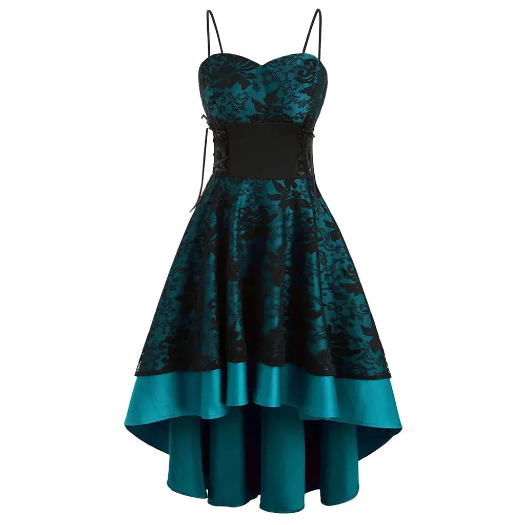 Vintage Gothic Womne Black lace camisole dress with Lace-Up High Low and Irregular Spaghetti Straps - Chic and Sleeveless A-Line Design (250305)