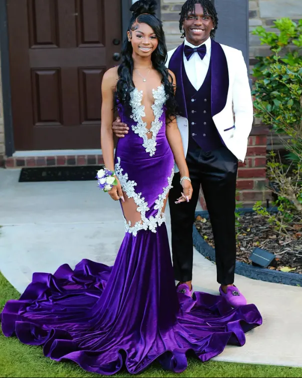 Elegant Deep Purple Velvet Evening Gown: Plunging V Neck