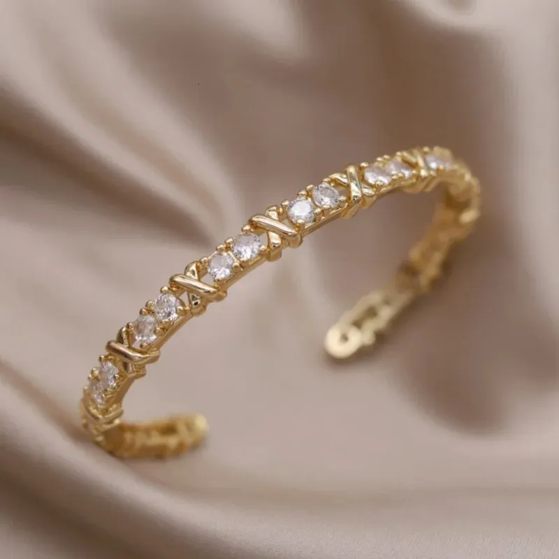 Elegant Letter X Opening Bangle With Two-tone Zircon Finish_voghion.com