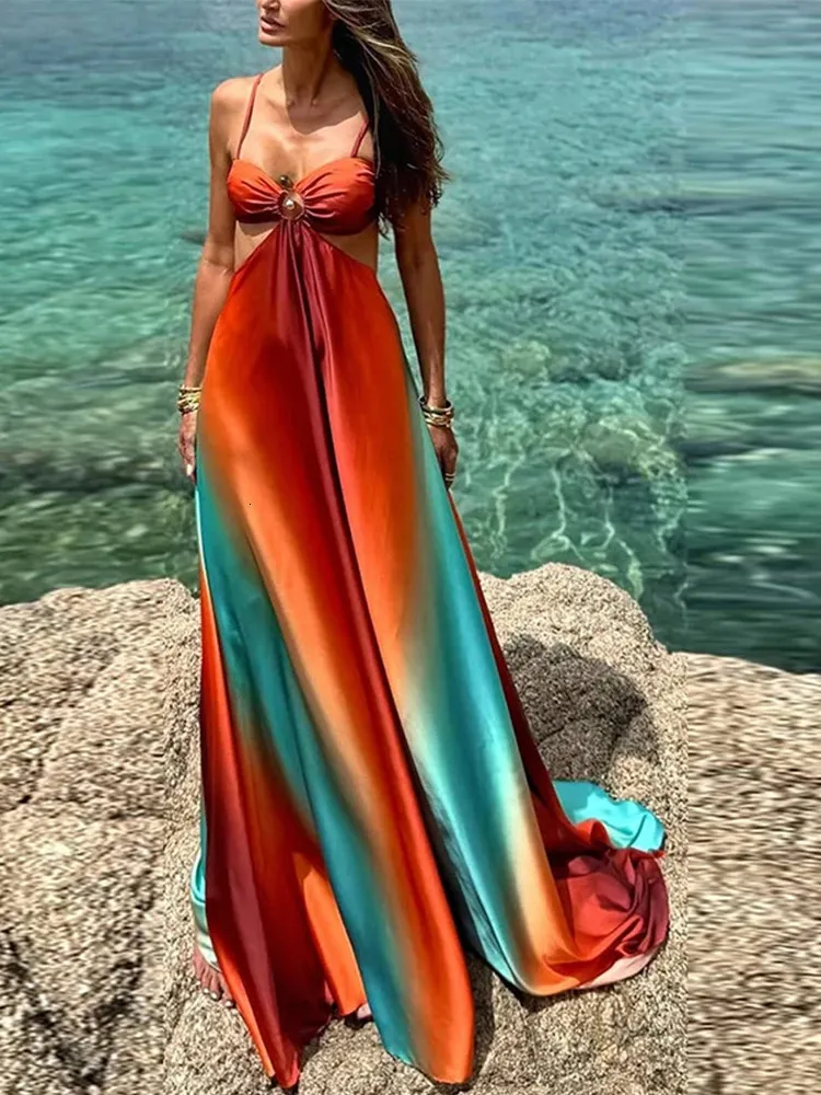 Bohemia Gradient Beach tie strap maxi dress for Women - Spaghetti Strap, Sleeveless, Backless, Hollow Out, Chic Robe