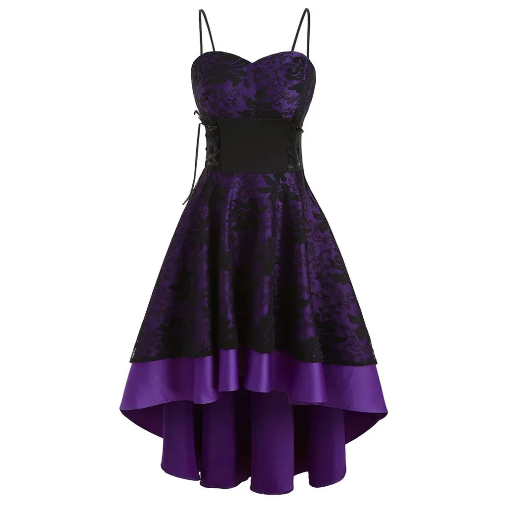 Vintage Gothic Womne Black lace camisole dress with Lace-Up High Low and Irregular Spaghetti Straps - Chic and Sleeveless A-Line Design (250305)