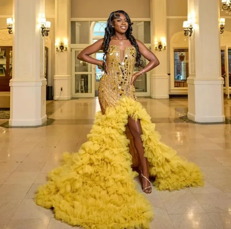 Yellow Sweetheart Mermaid Yellow prom dresses 2023 with Beaded Crystals and Layered Ruffles for Black Girls - Elegant Side Split Evening Gown