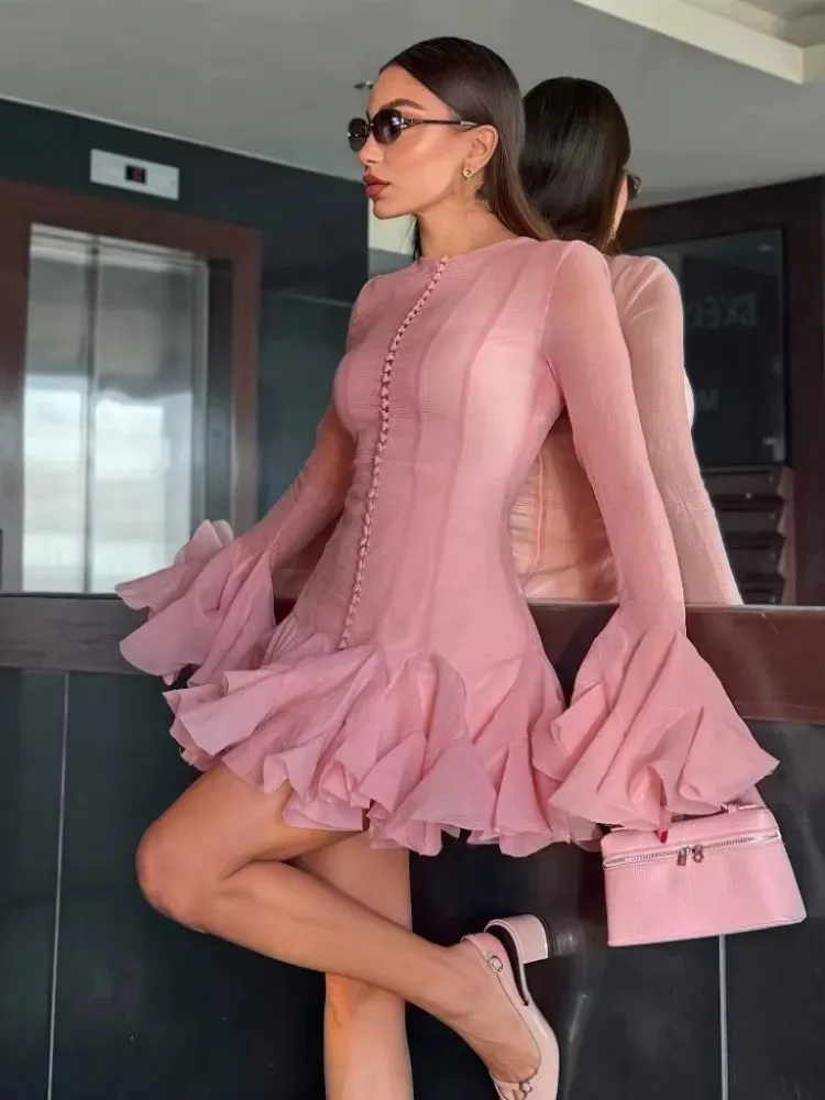 Pink Ruffle Button High Waist Pink homecoming dress - O Neck, Long Sleeve, Spring Lady Evening Vestidos (250217)