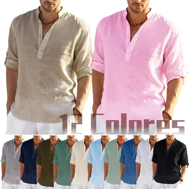 Camisas De Lino Para Hombre, De Manga Larga, Con