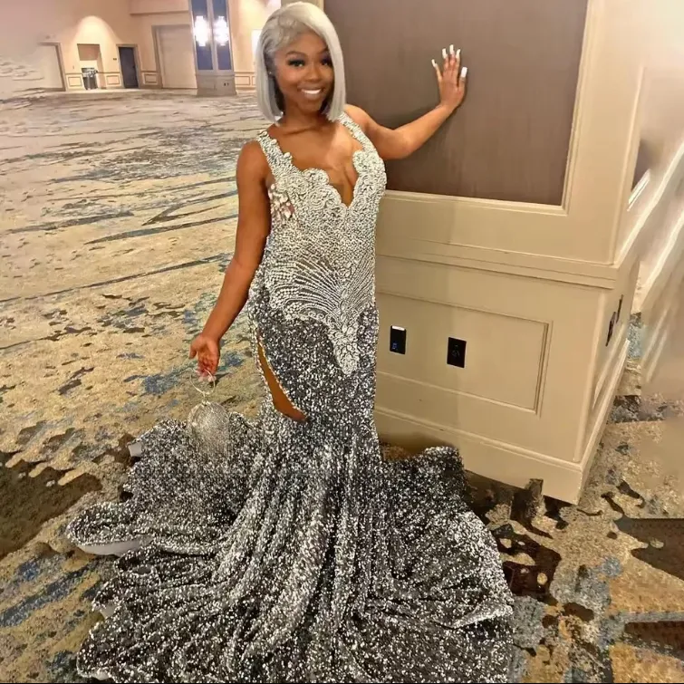 sparkly silver formal dresses Nadia Square Neck Sequin Gown | Black | Debs & Prom main image 1