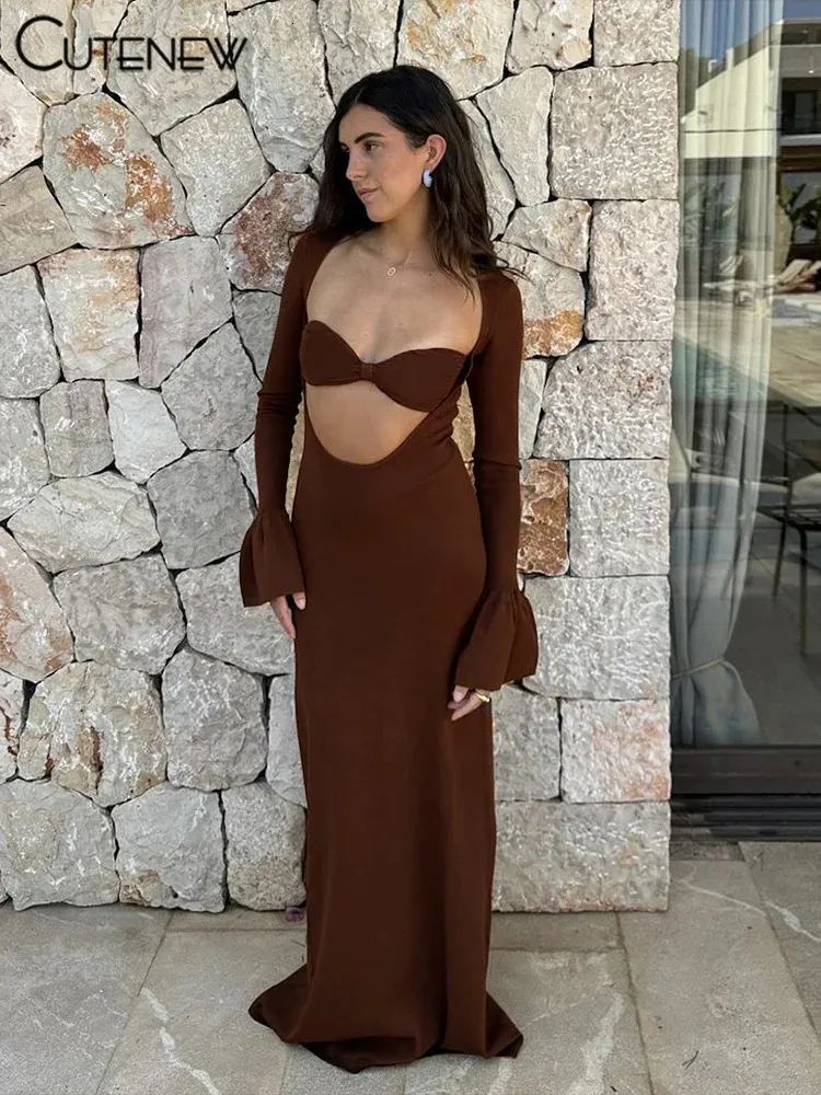 Elegant Hollow Out Cleavage Ruffle Sheath Backless Maxi Dress for Women - Full Sleeve Evening Banquet Party Vestidos (250226)