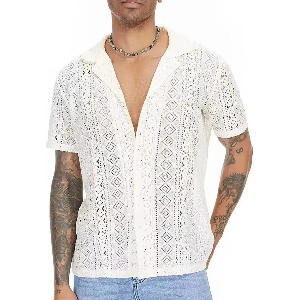 Summer Fashion Casual Style Mens Tops Hollow Out Lace Pane Solid