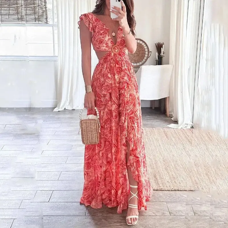 Summer Fashion Printed Girl Style Lace Maxi Dress with Deep V-Neck, Waist-Exposed and Long Pleated - European & American Style (2024)