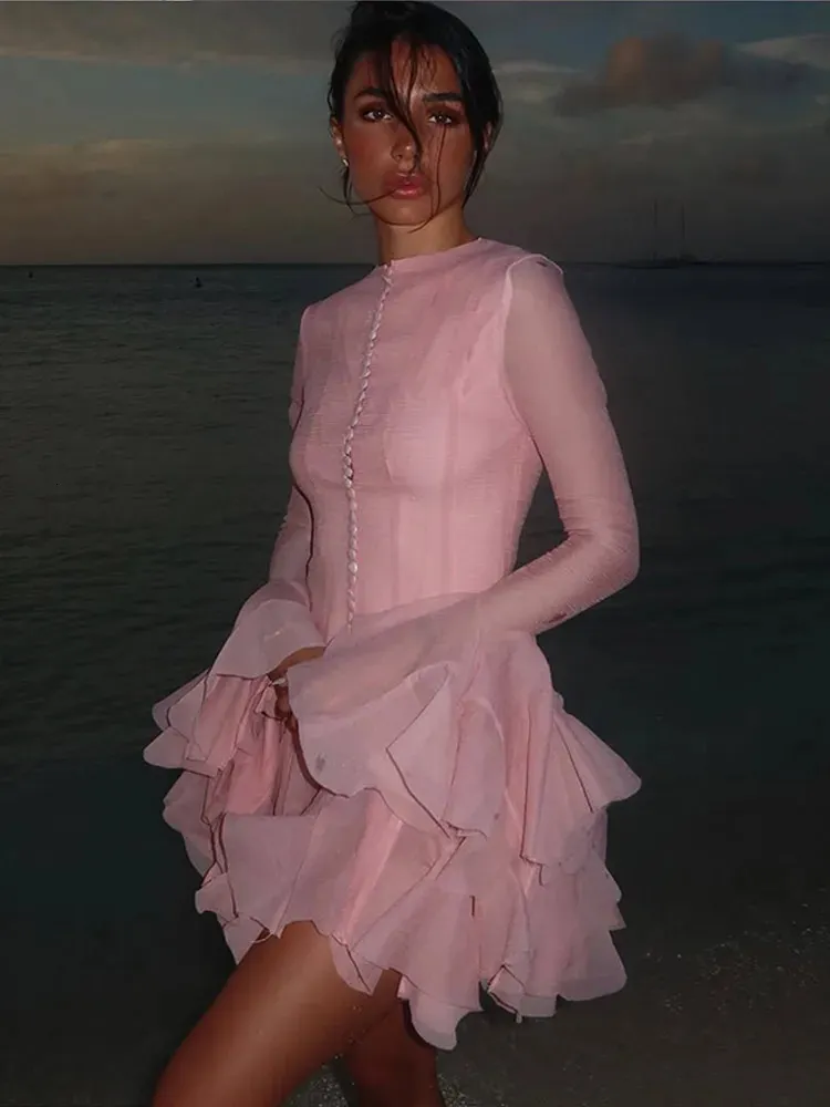 Save Big on Bulk O Neck Dresses Elegant Petite Evening Dresses O Neck Flare  Sleeve Mini Dress Slim Fit Ruffle Short Dress For Spring Parties Best