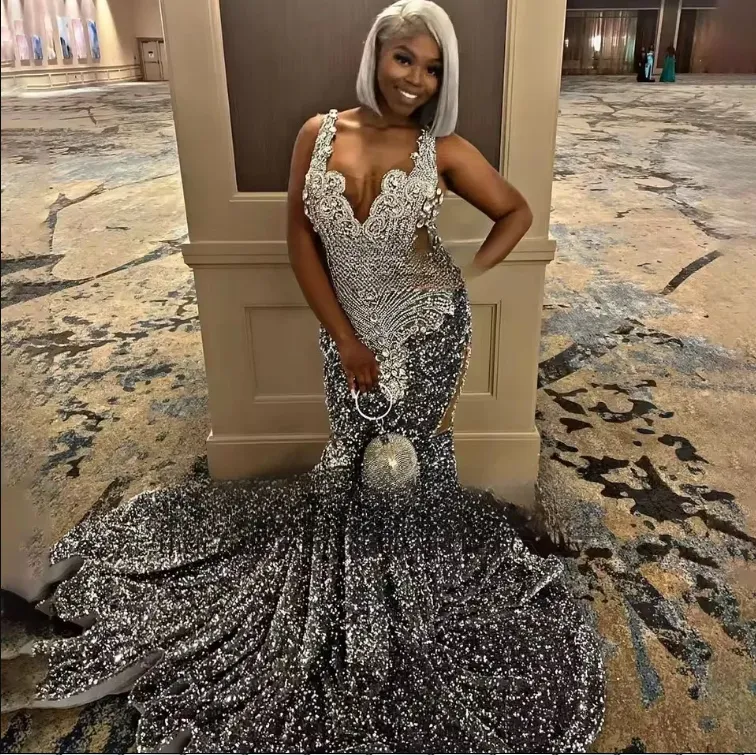 Sparkly Silver Prom Dress 2025 Crystal Diamond Sequins Mermaid Evening Gown  with Zipper for Black Girl from Dhgate Prom Dresses - price 243.42