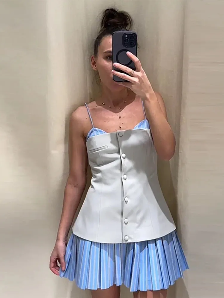 patchwork pleated mini dress Military Style Cap Sleeve High Neck Patchwork Pleated Hem Mini Dress roschic