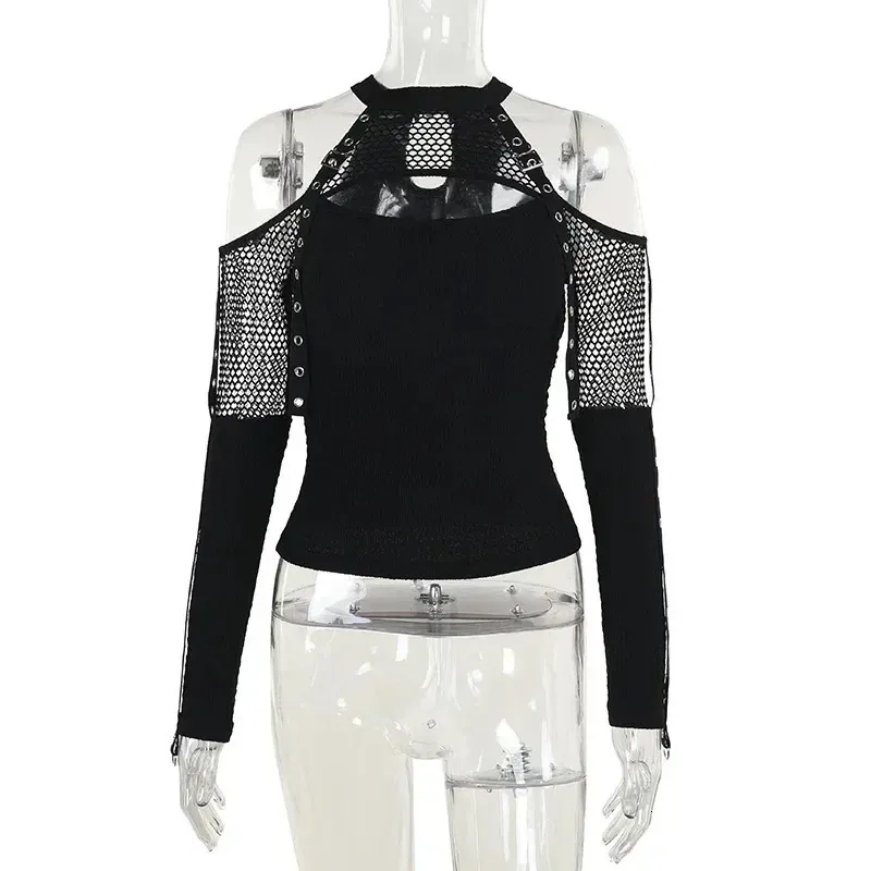 SEAUR Dames Gothic Top Y2K Punk Vest Mock Neck Blouse Zwart Goth Top Zomer Camisole Patchwork T-Shirt Kant Cami S M L, Zwart net, L