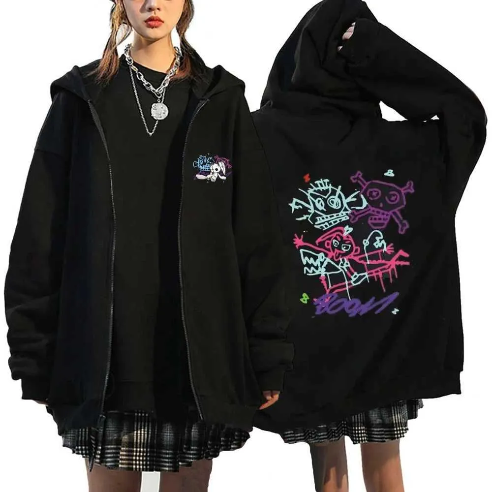 Sweat à Capuche Arcane Jinx - Noir, Motif Rose/bleu - Taille XS à XXXL - Tissu Polyester 350-400 G - Coupe Ample, Manches Longues - 3