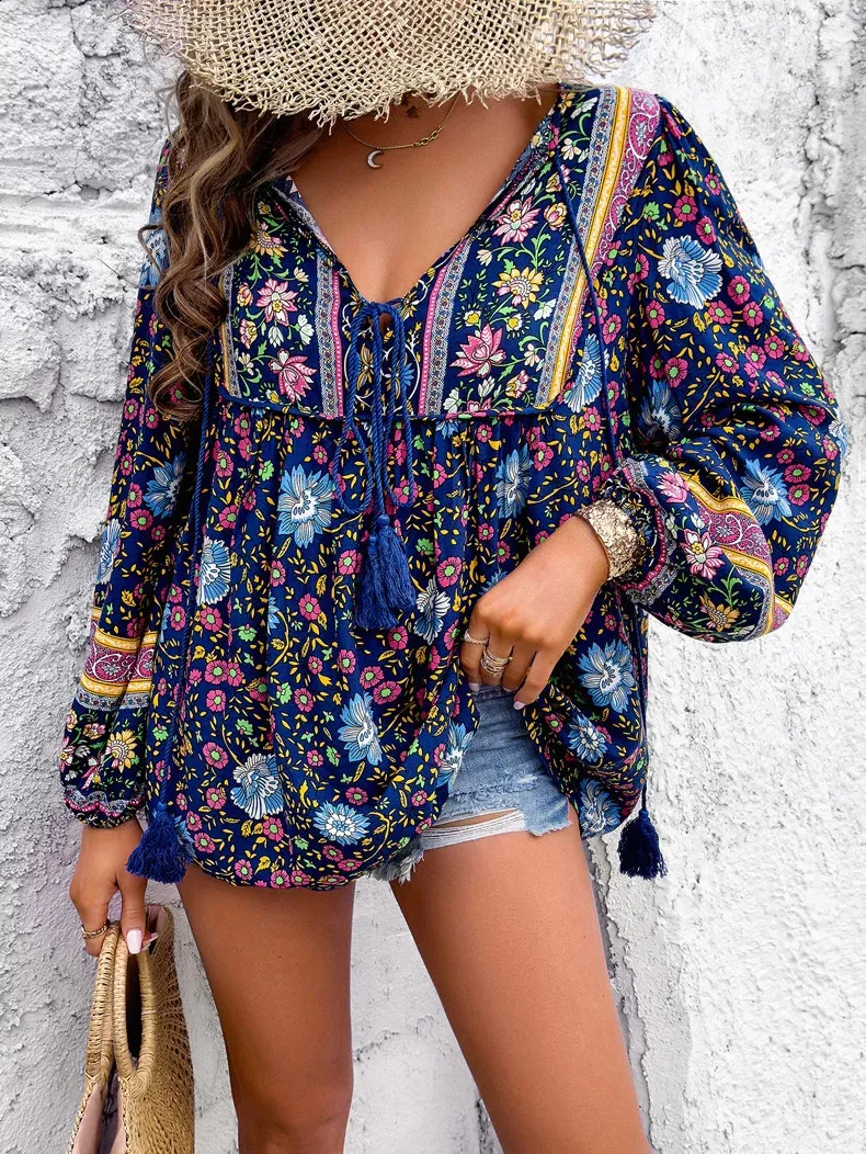AELSON Women's Boho Floral Blouse - V Neck Long Sleeve Casual Tops For Everyday Wear