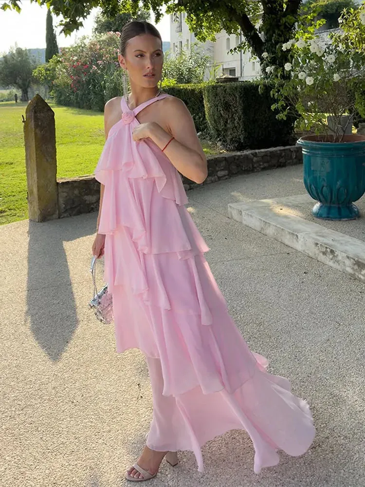 Elegant Chiffon Maxi Dress: Layered Ruffle Halter... From Kang02, $37.26 In  Bulk