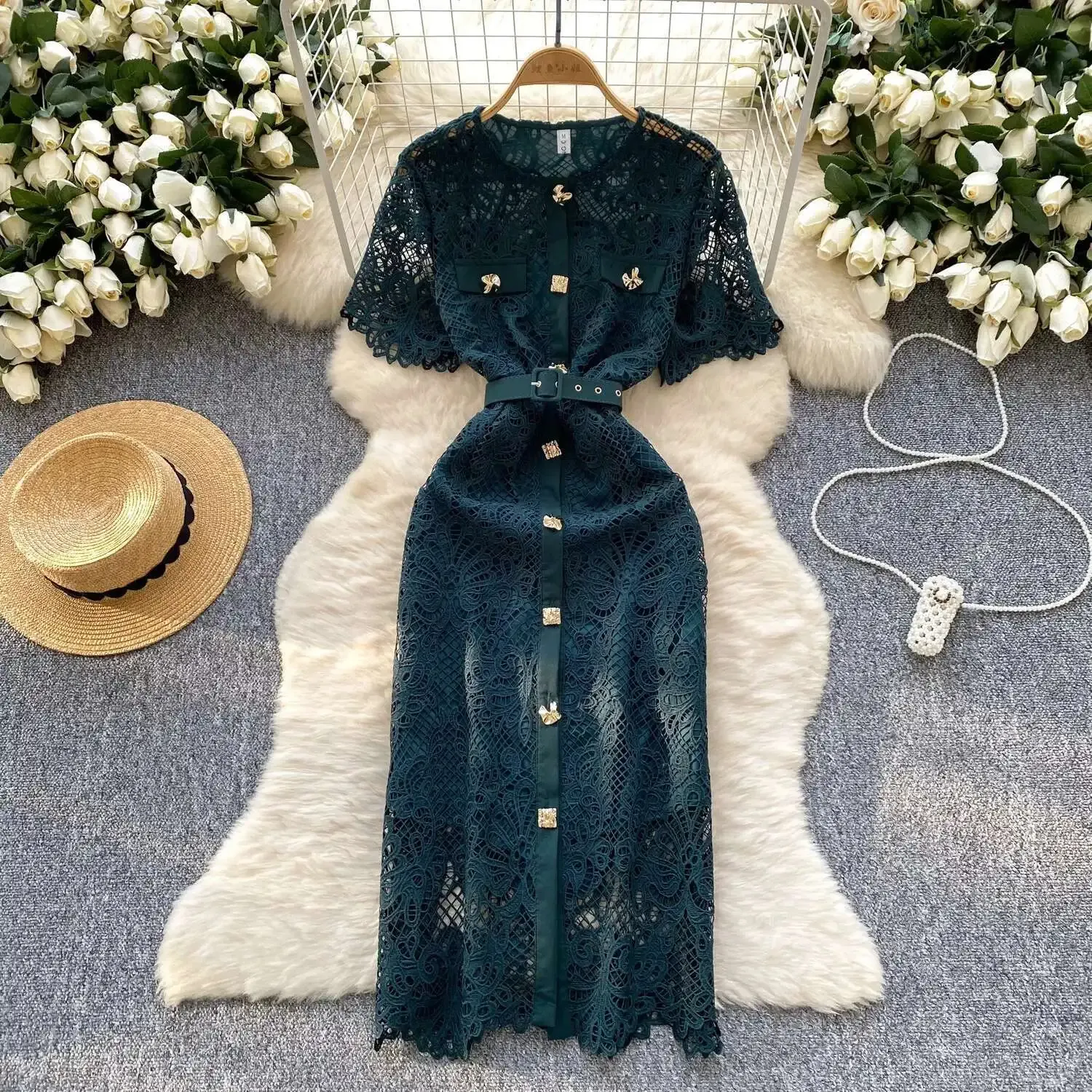 slim fit dress slacks Zapaka Women Summer Dress Army Green Spaghetti Straps Beach Lace Maxi Dress, Army Green / XL main image 0