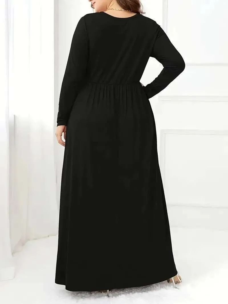 Plus Size Fashion O Neck Long Sleeve Black A Line Dress Womens