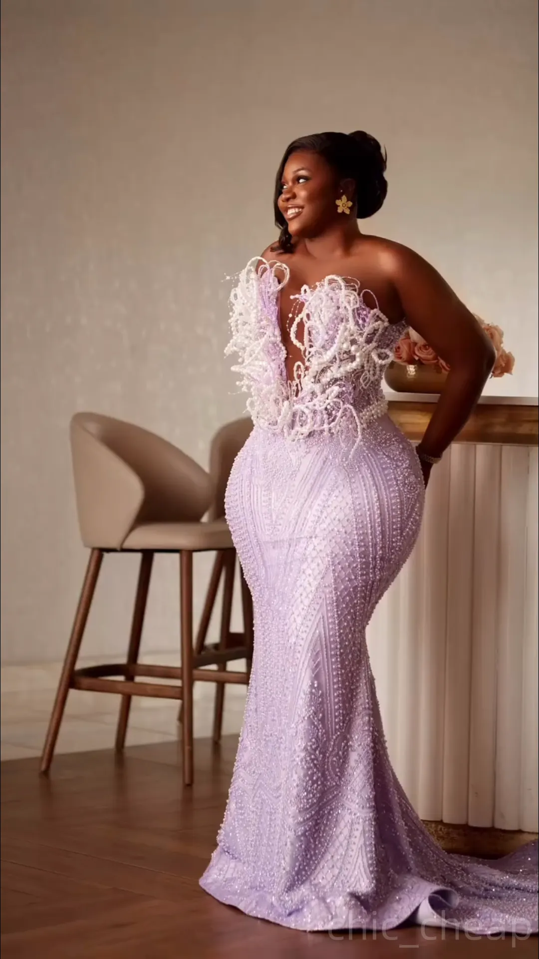 Light Lilac Mermaid Prom Dress 2025 Pearls Beaded Sequined Evening Formal  Gown Plus Size