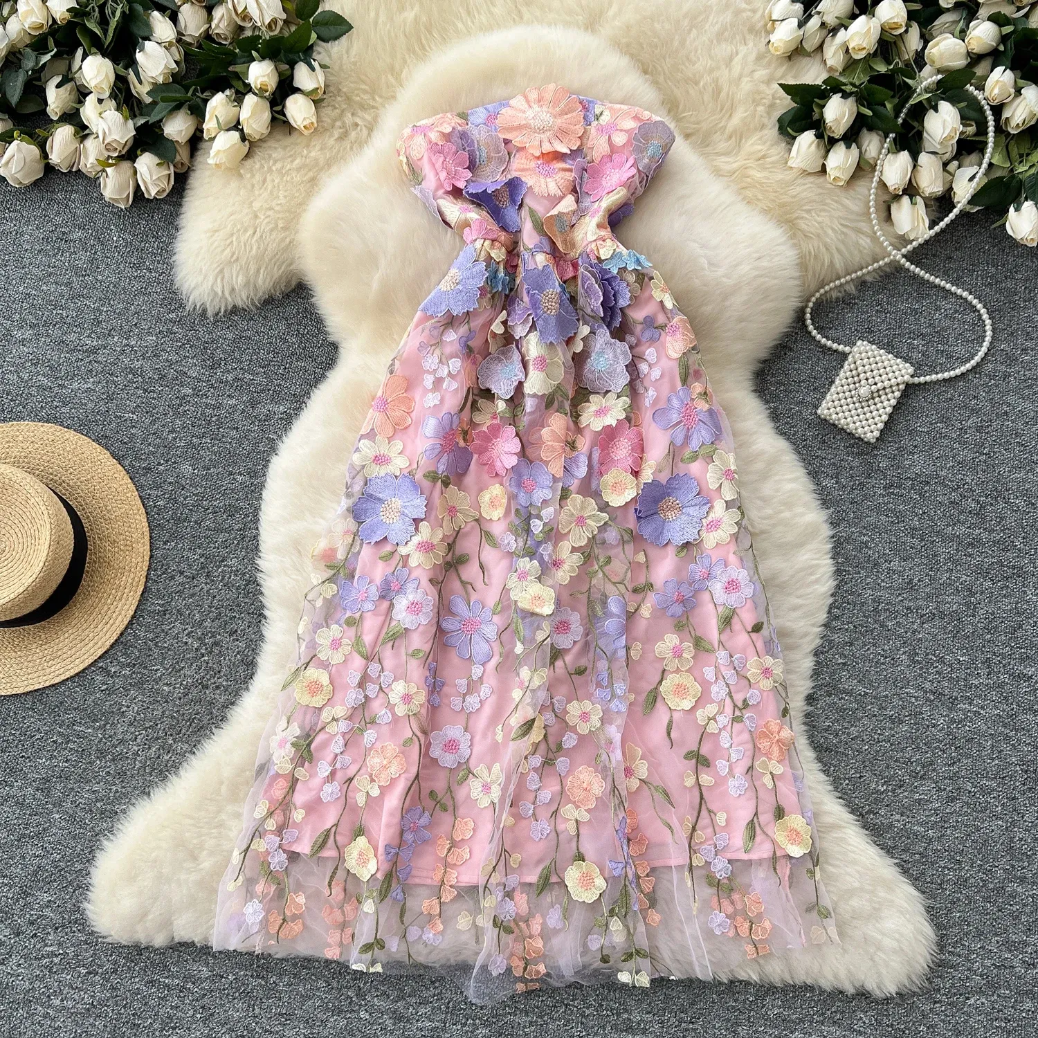 Casual Dresses Runway Summer Luxury Mesh Embroidery Strapless