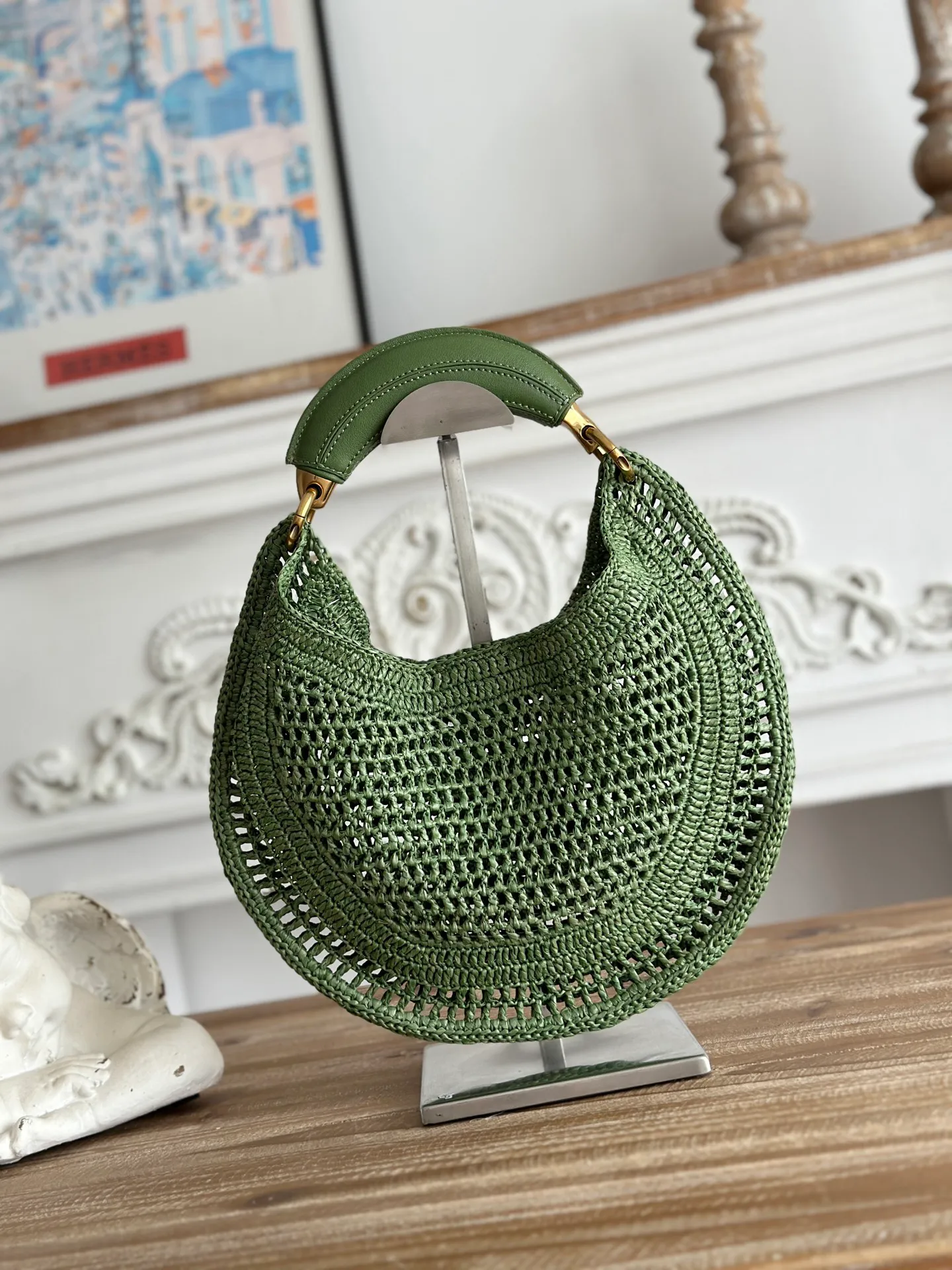 Luxury Straw Circle Handbag Luxury Straw Hobo Bag Genuine Leather