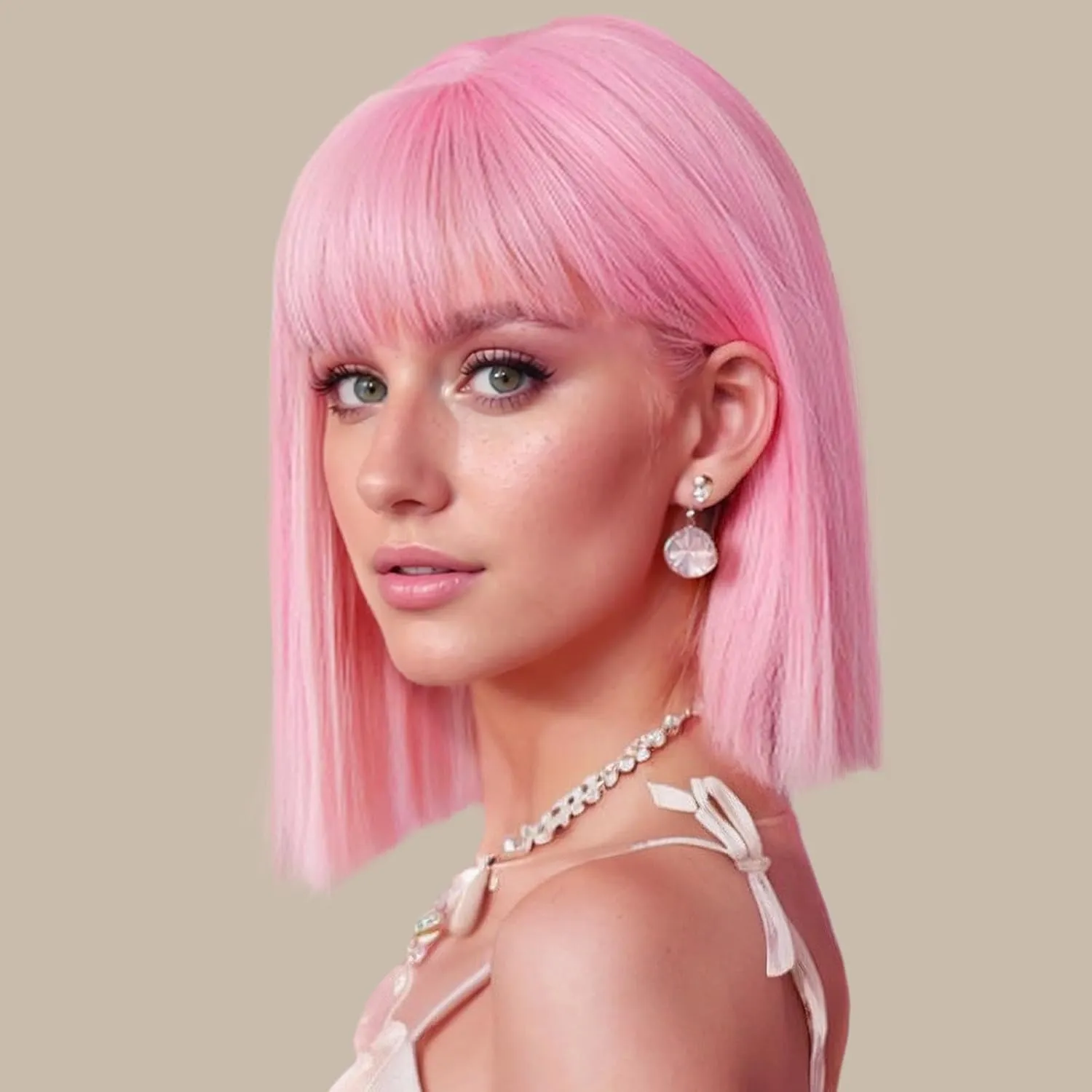 Pink Short Straight Bob Wig With Bangs, 12 Inch Heat 