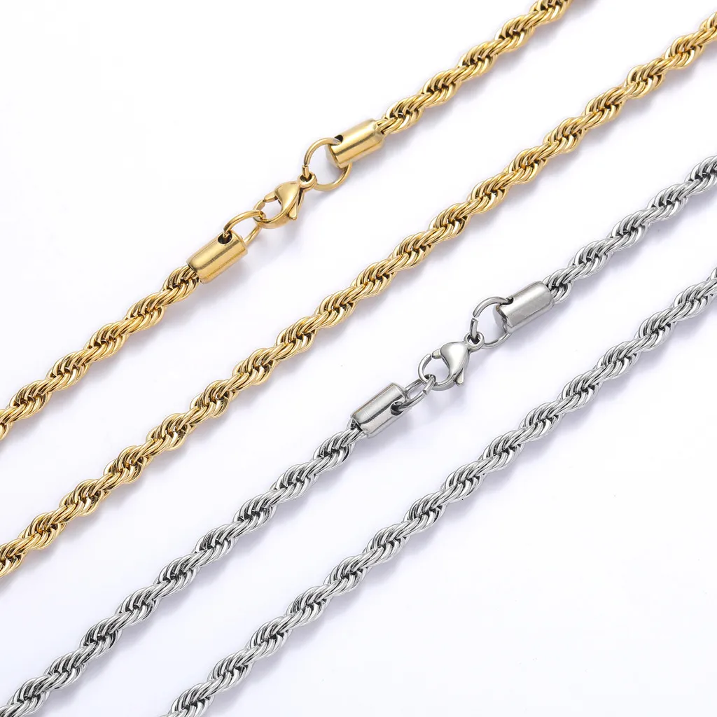 Hip Hop Plain Titanium Accessory Necklace Fried Dough Twists 3mm 5mm Multi Size Chain_voghion.com
