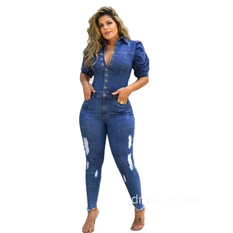Plus Size Cotton Bodycon Jean Jumpsuit Shein With Puff Sleeves And