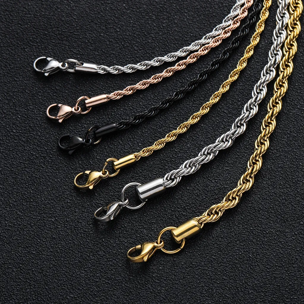 Hip Hop Plain Titanium Accessory Necklace Fried Dough Twists 3mm 5mm Multi Size Chain_voghion.com