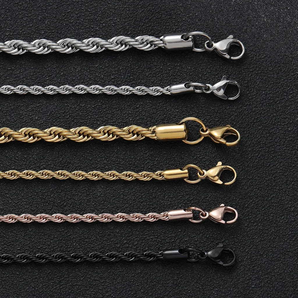Hip Hop Plain Titanium Accessory Necklace Fried Dough Twists 3mm 5mm Multi Size Chain_voghion.com
