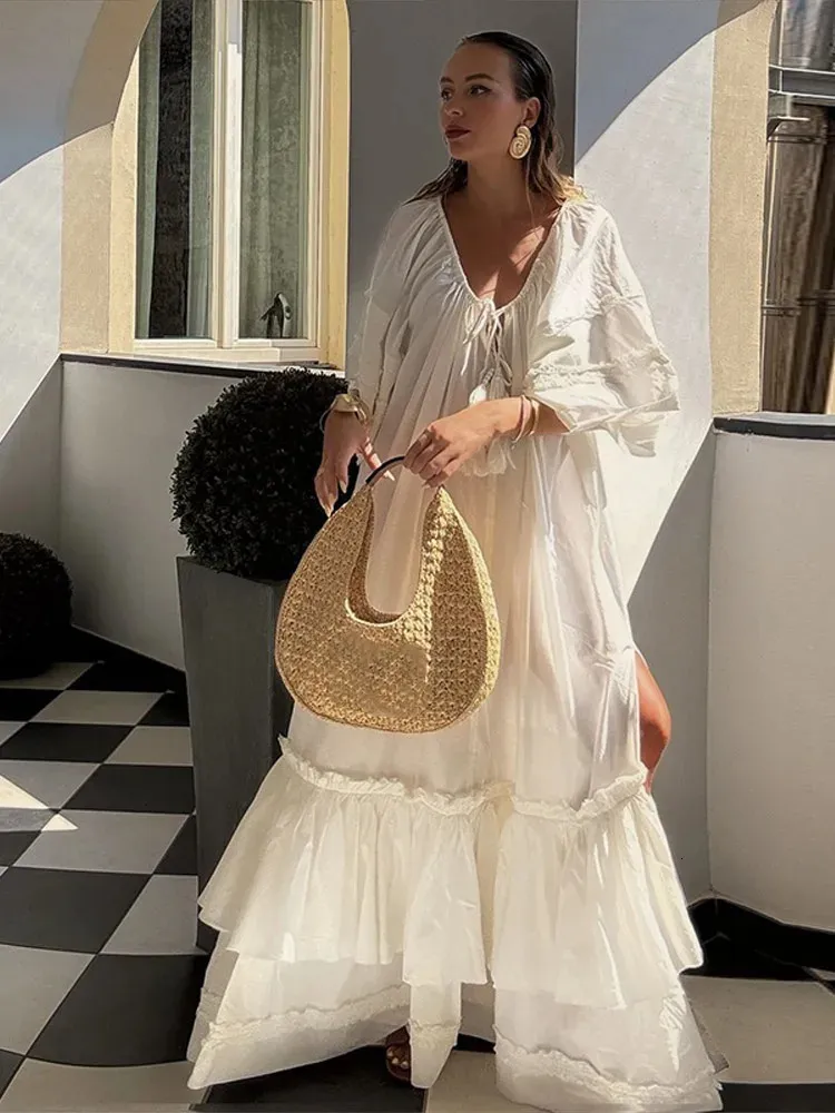 sachin and babi light blue dress Vacation White Ruffle Maxi Dress For Women Short Puff Sleeve Drawstring  Tassel Pleated Beach Long Dress Lady Holiday Party Robe 250604 From Zara05,  $34.23 main image 0