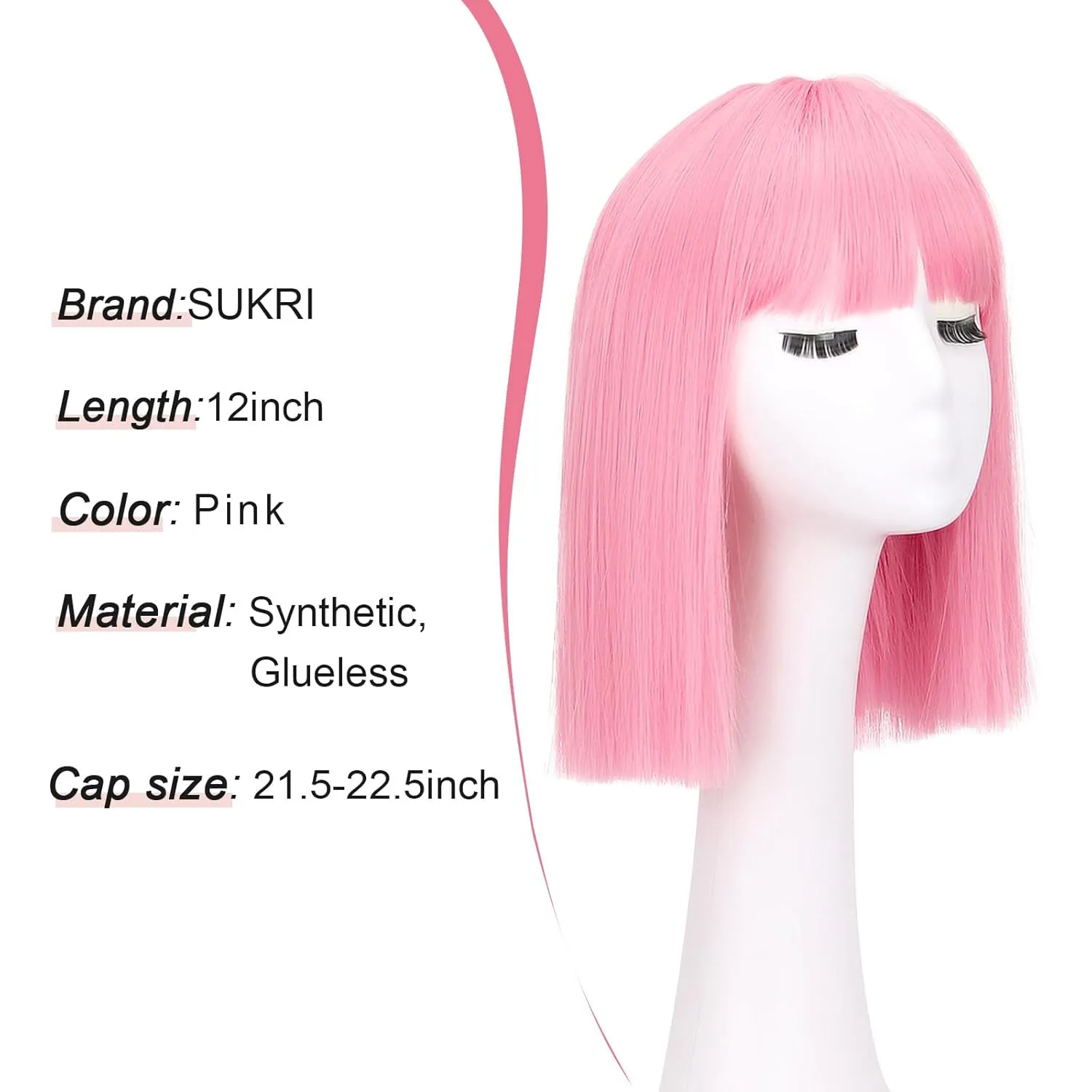Pink Short Straight Bob Wig With Bangs, 12 Inch Heat 