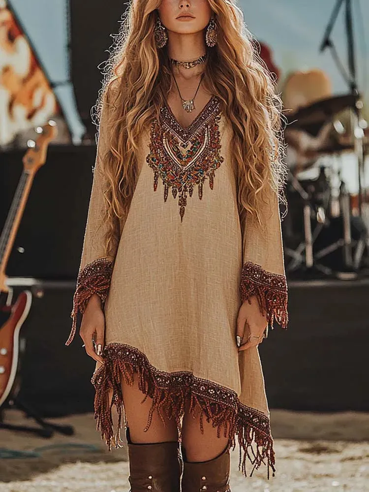 New Ethnic Sexy Deep V Music Festival Rock Party Dresses Women Vintage Wasteland Irregular Long Sleeve Lace Tassel Floral Dress Coffee / M