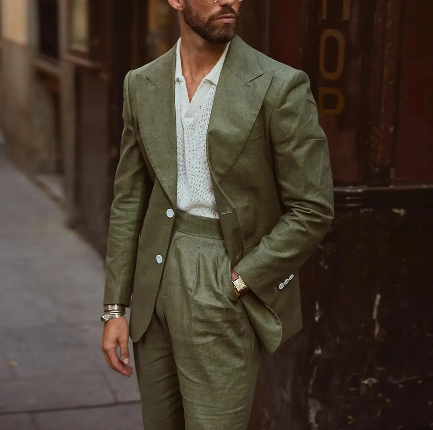 Light Army Green Linen Blazer Pantalón Traje Para Hombre Summer