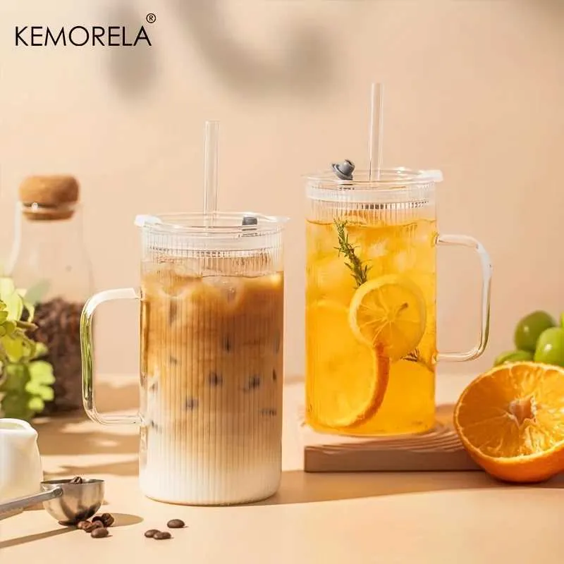 KEMORELA 2/4 pezzi Bicchieri in vetro con coperchi e cannucce per caffè