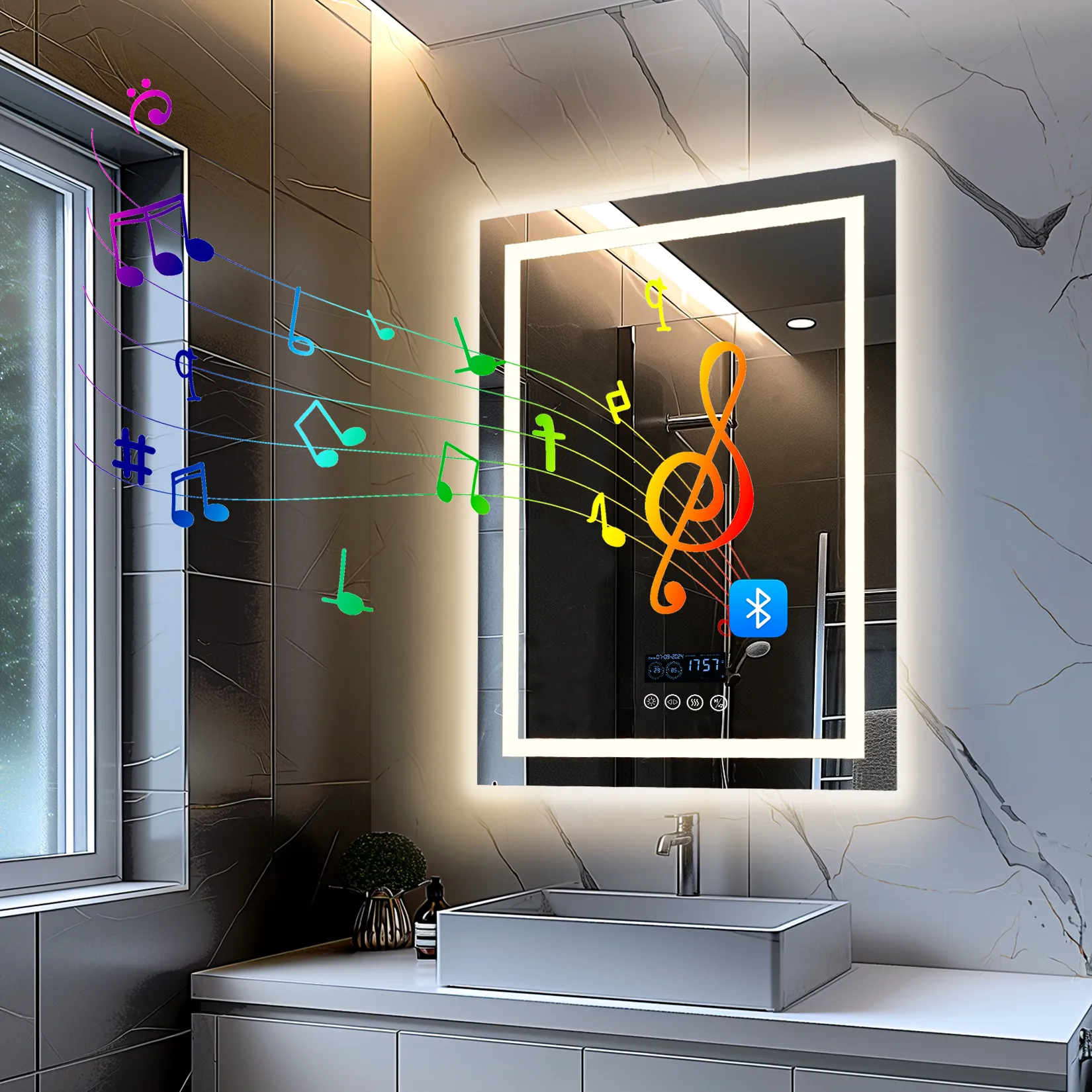 Square LED Bathroom Mirror With Bluetooth Speaker, Smart Wall Vanity ...