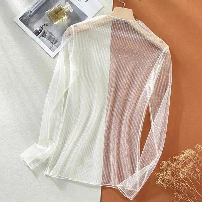 Maglia da donna trasparente con pizzo floreale e foro per il pollice, top a maniche lunghe in rete con scollo rotondo, sexy maglietta trasparente, blusa in pizzo per feste, beige., S