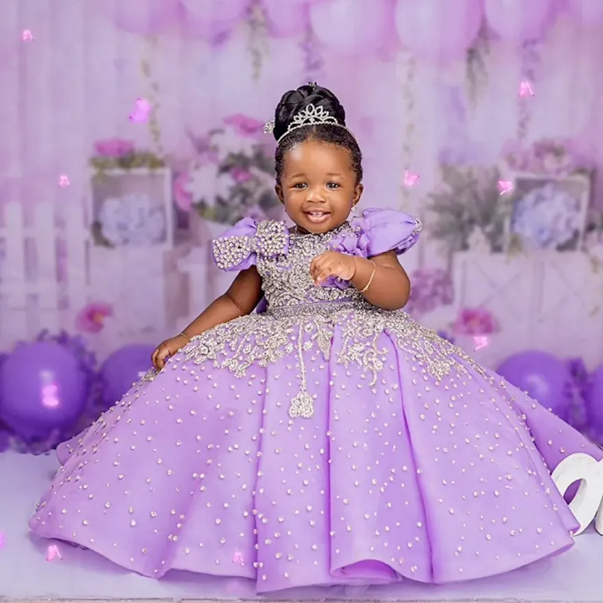 2025 Purple Luxury Flower Girl Dresses Short Sleeves Rehinestones Ball Gown  Princess Flowergirl Gowns Satin Little Kids Birthday Party Gowns