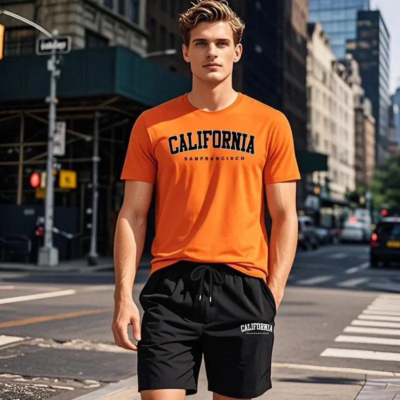 【CALIFORNIA SPORTSWEAR】TEE＆SHORTS SET UP Mens Urban Fashion Oversized Gym T Shirt And Shorts Set