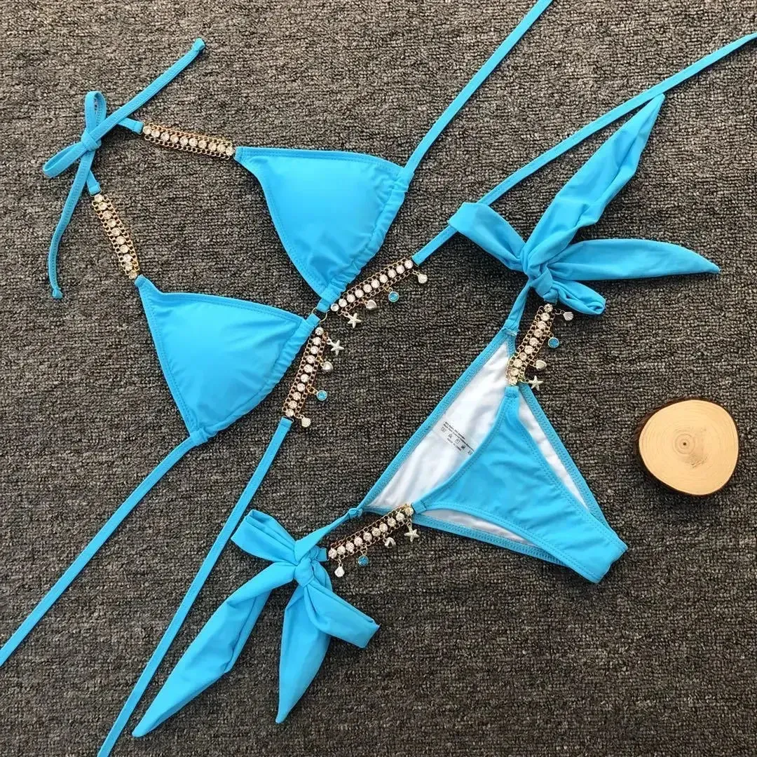 Black Crystal Diamond Rhinestone Rhinestone Bikini With Metal