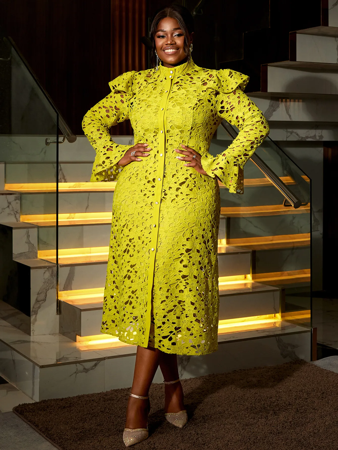 Save Big on Bulk Two Piece Midi Dress Set Elegant Women Plus Size Yellow  Two Piece Sets Cutout Lace Straight Dress Full Trumpet Sleeve Stand Collar 