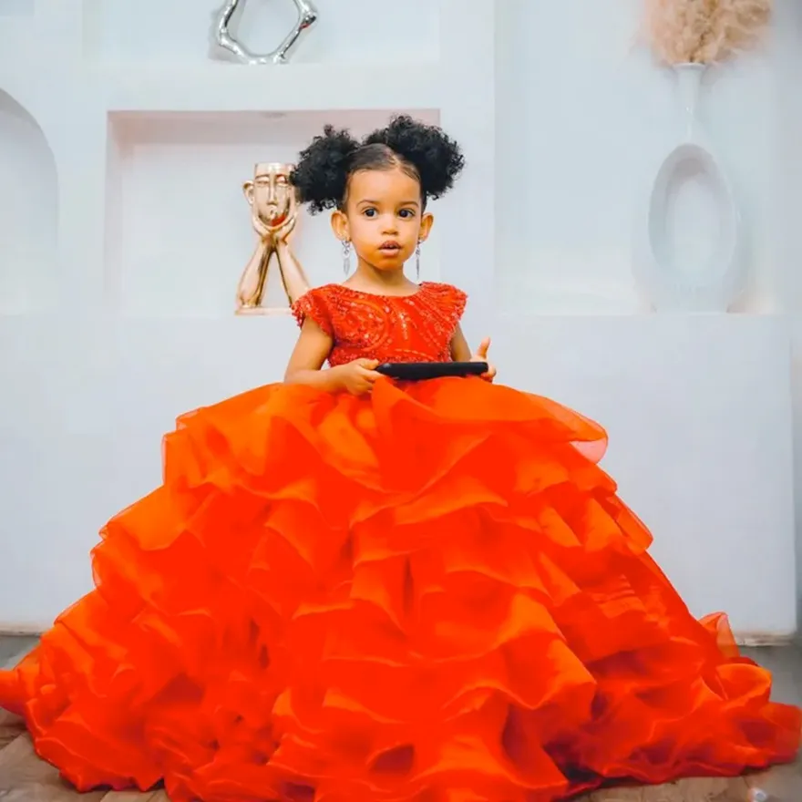 redgirl dress Red flower girl with Illusion Sheer Neckline, Appliqued Beaded Lace, Tiered Tulle - Perfect for Children's Birthday, Marriage It’s an absolute must for Christmas weddings and other red Red Princess Dress For Dress