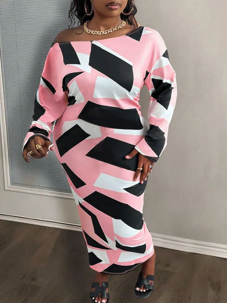 Plus Size Fashion Printed Long Sleeve Midi Dress with Sleeves for Women