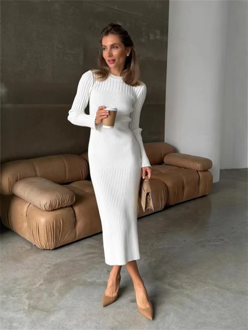 solid color knit dresses Long sleeve knit dress for women with crew neck, polyester, ankle-length, solid  color, fitted silhouette from Dhgate Basic & Casual Dresses